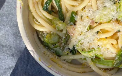 Smoky asparagus + wild garlic bucatini with almonds