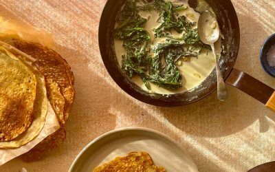 Smoky buckwheat crepes with nutmeg-laced spinach