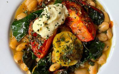Sam Lomas’ slow-roasted winter tomatoes with butter beans + chard