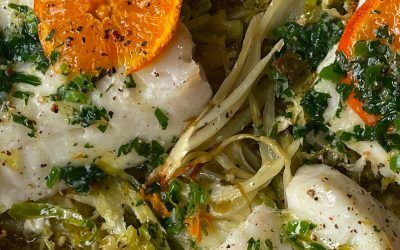Baked hake with chilli and clementine butter