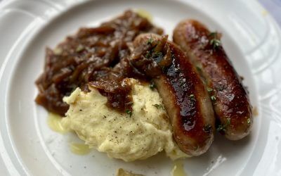 Sausage and mash with smoky onion gravy