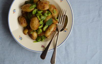 Crispy Pembrokeshire Earlies with Broad Beans, Mustard + Celery Salt