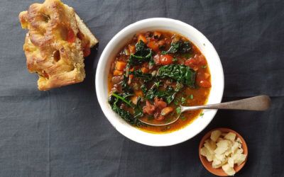 Smoky lentil + tomato soup with cavolo nero