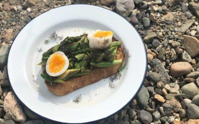 Asparagus on toast with soft boiled eggs + herbs