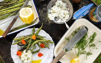 Grilled runner beans with herby ricotta